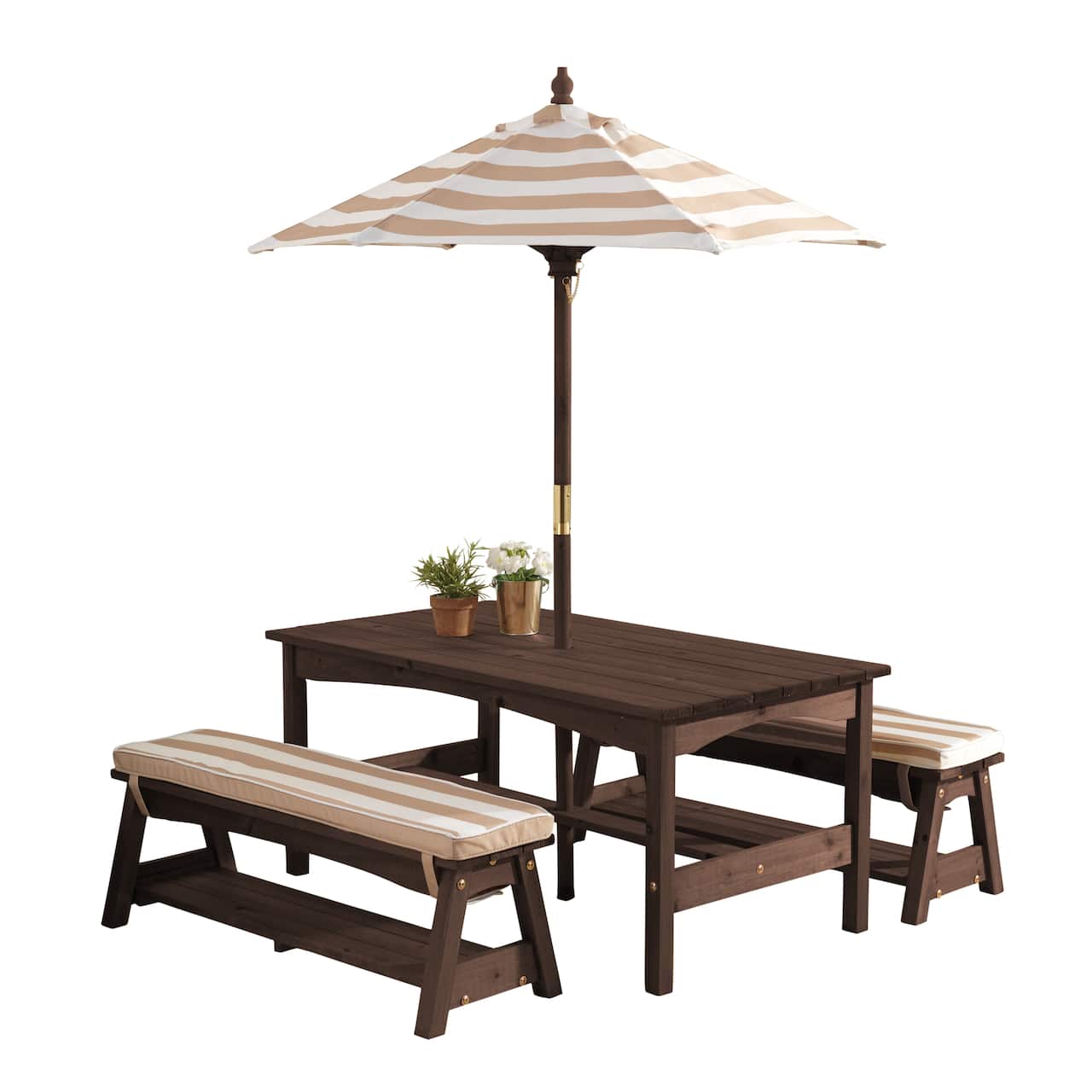 KidKraft Oatmeal &#x26; White Stripes Outdoor Table &#x26; Bench Set with Cushions &#x26; Umbrella